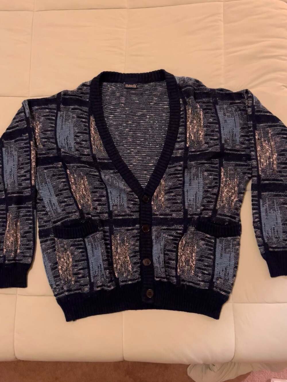 Vintage 90s Blue Pattern Button Up Knit Cardigan Maselli